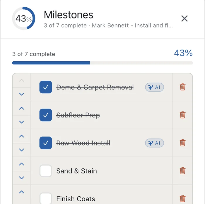 A Supervisr project's milestone list from the owner's side: three of seven complete at forty-three percent, with demo, carpet removal, subfloor prep and raw wood install ticked off, and sand, stain and finish coats still ahead.