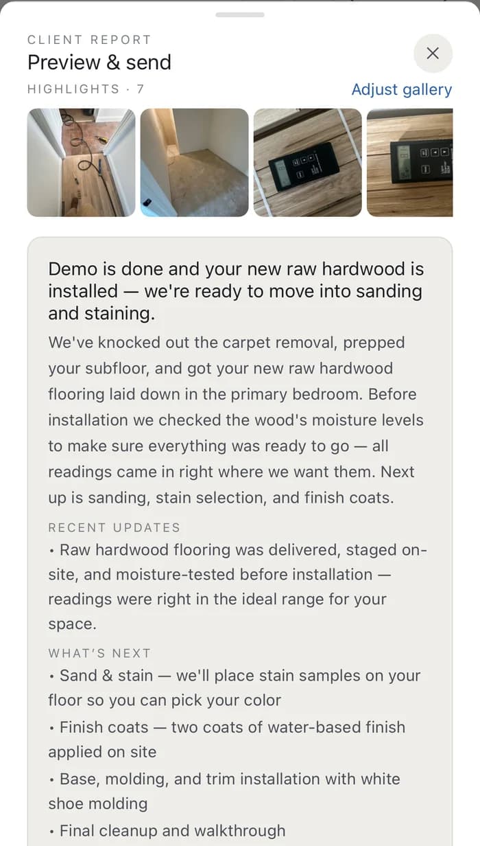 A progress report received from a contractor: the week's photos, a plain-language summary of what was finished, what was checked before installation, and what happens next.