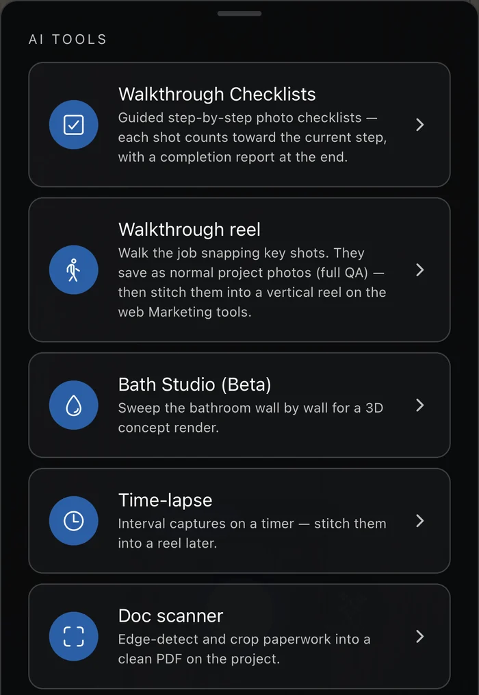 The Supervisr mobile AI tools list, including time-lapse — interval captures on a timer that stitch into a reel later — alongside walkthrough checklists, the walkthrough reel and the document scanner.