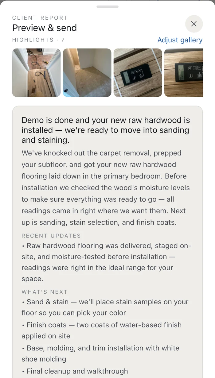 A progress update received from a contractor on Supervisr: the week's photos, a plain-language summary of what was finished, what was prepared before installation, and what happens next.
