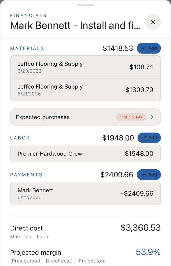 Supervisr project financials for one flooring job: the material receipts and crew labor logged against it, the payments received so far, the direct cost those add up to, and the projected margin that falls out of them.