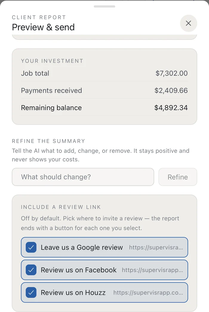 The Supervisr client report composer, showing the job total, payments received and remaining balance alongside an AI refine box and an optional review-link section with Google, Facebook and Houzz destinations ticked.