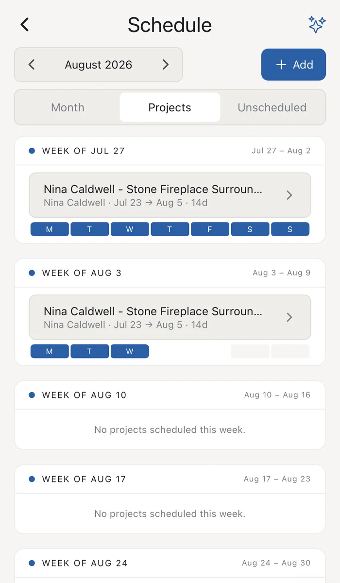 The Supervisr schedule for August, week by week, with a fourteen-day stone fireplace surround job blocked out across its working days and the remaining weeks marked as having no projects scheduled.