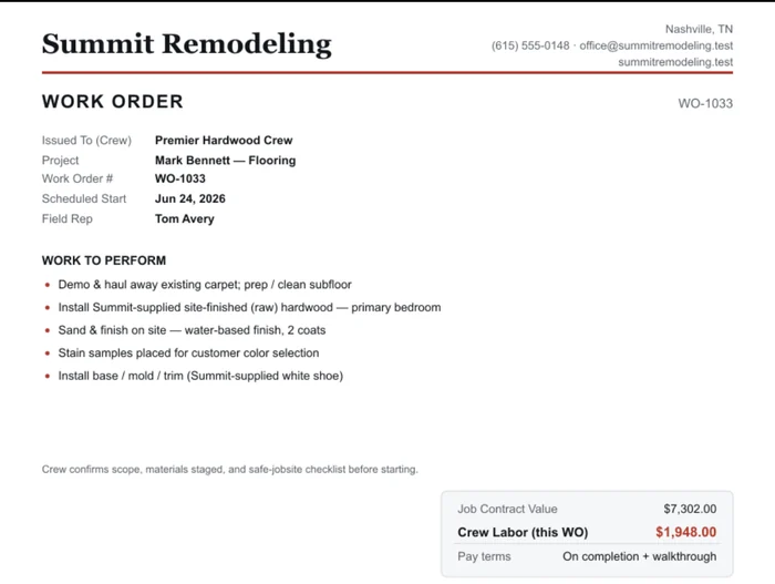 A Supervisr work order on a contractor's own letterhead, listing the crew it is issued to, the scheduled start, the field rep, the scope line by line, and a box showing the job contract value, the crew labor for this order and the pay terms.