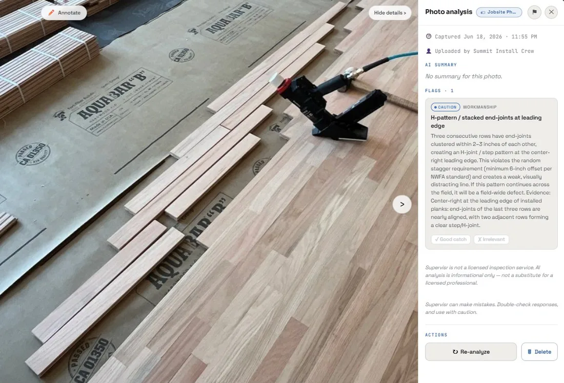 A real Supervisr catch on a hardwood install photo: the AI flags an H-pattern of stacked end-joints at the leading edge, cites the NWFA six-inch random-stagger requirement, and quotes the evidence it saw in the frame.
