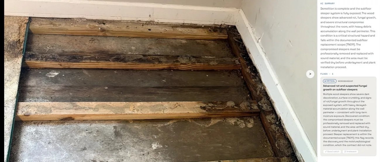A Supervisr analysis of an exposed subfloor sleeper system: a critical workmanship flag for advanced rot and suspected fungal growth across multiple sleepers, with the summary calling for professional replacement and a dry verification before underlayment goes down.