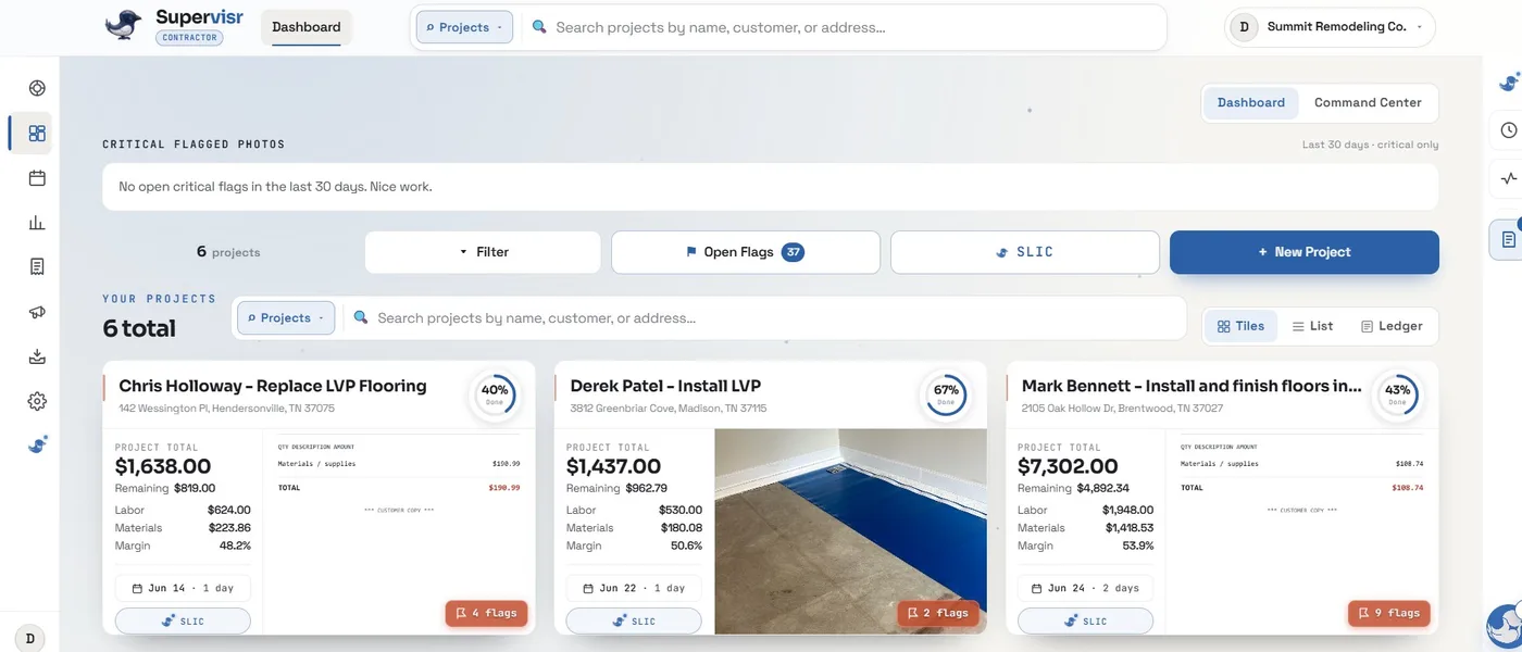 The Supervisr web dashboard: a critical-flag banner reading no open critical flags in the last thirty days, then a row of live job cards, each with its project total, remaining balance, labor, materials, margin and its open flag count.