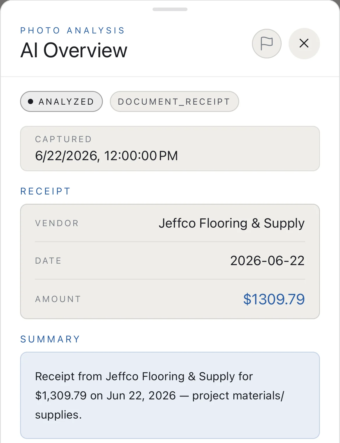 A Supervisr photo analysis of a receipt: it is tagged as an analyzed receipt document, with the vendor, the date and the amount read straight off the photo and a one-line summary calling it project materials and supplies.