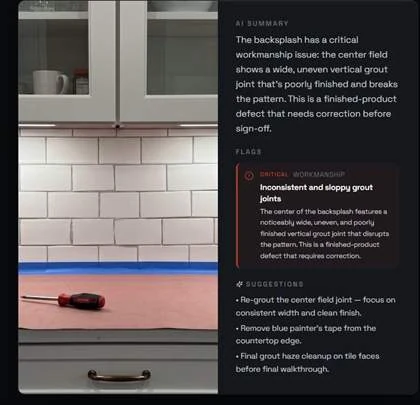 A Supervisr AI review of a subway-tile backsplash photo, flagging the centre field joint as inconsistent and sloppy grout work and listing the re-grout fixes.